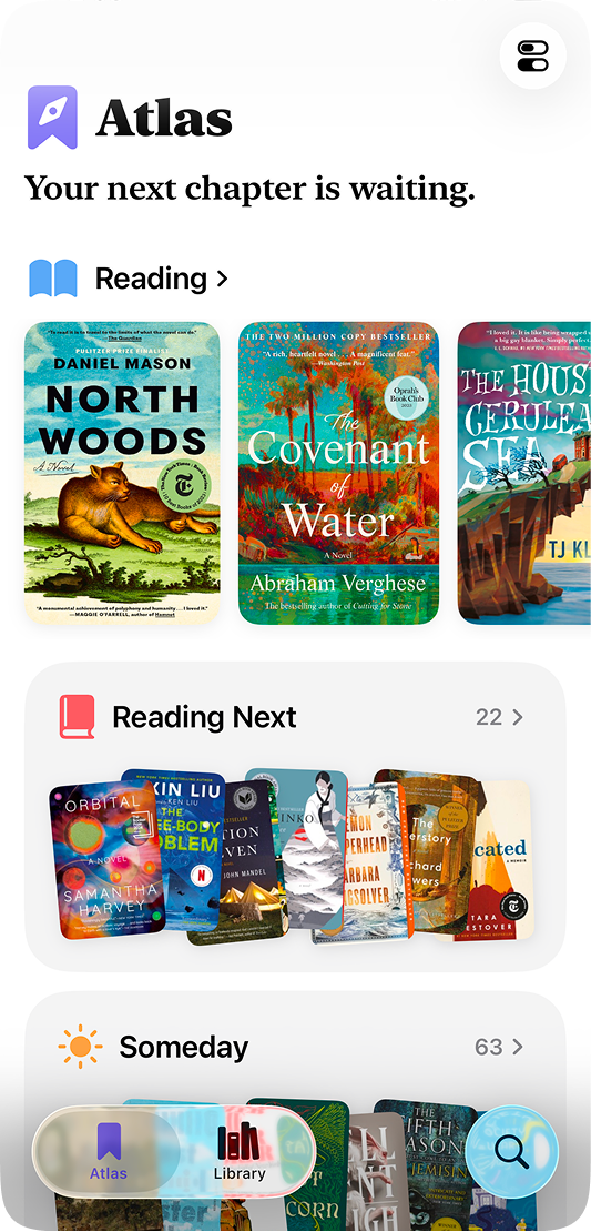 Atlas home screen showing currently reading and reading next book lists